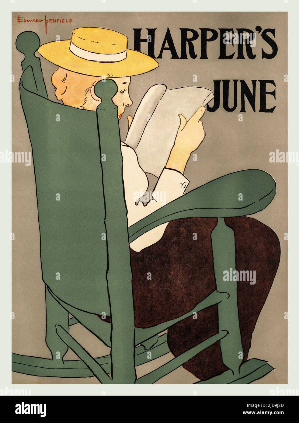 A turn of the 20th century illustration by Edward Penfield (1866-1925) considered by many to be the father of the American poster. Featuring a woman reading while sitting on a rocking chair. Harper’s Magazine, the oldest general-interest monthly in America. Stock Photo