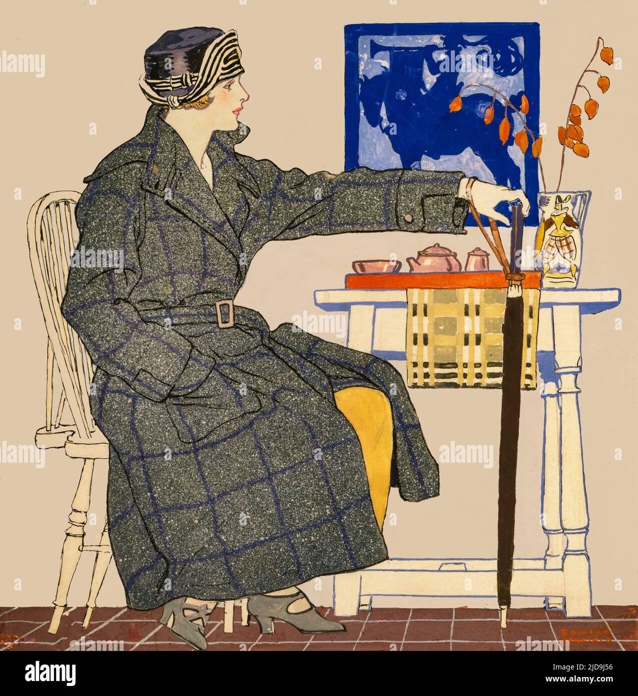 A turn of the 20th century illustration by Edward Penfield (1866-1925) considered by many to be the father of the American poster. Featuring a woman, dressed ready to go out and waiting... Stock Photo