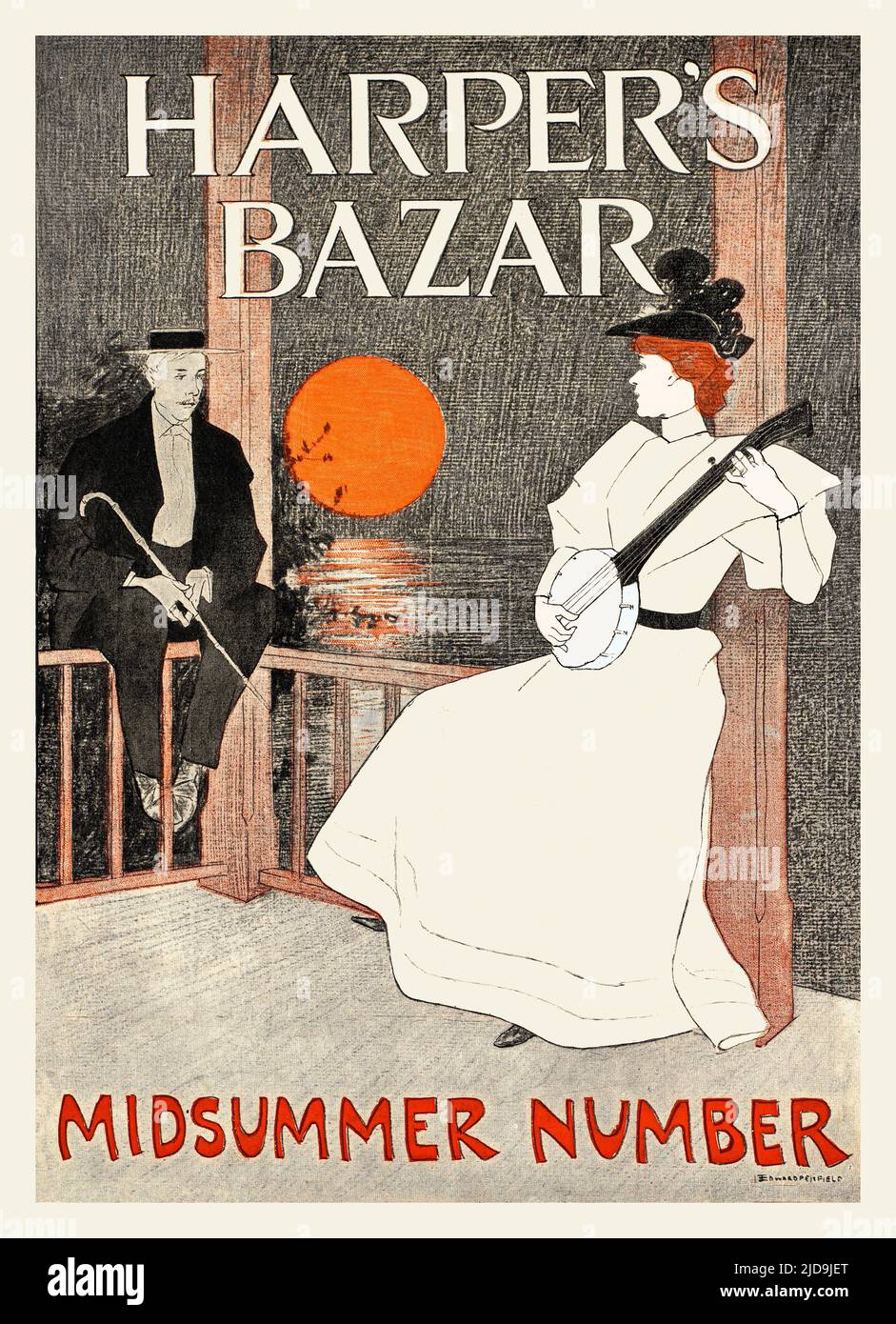 A turn of the 20th century illustration by Edward Penfield (1866-1925) considered by many to be the father of the American poster. Featuring a young woman playing her banjo and entertaining an older man as the sun goes down. Harper’s Magazine, the oldest general-interest monthly in America. Stock Photo