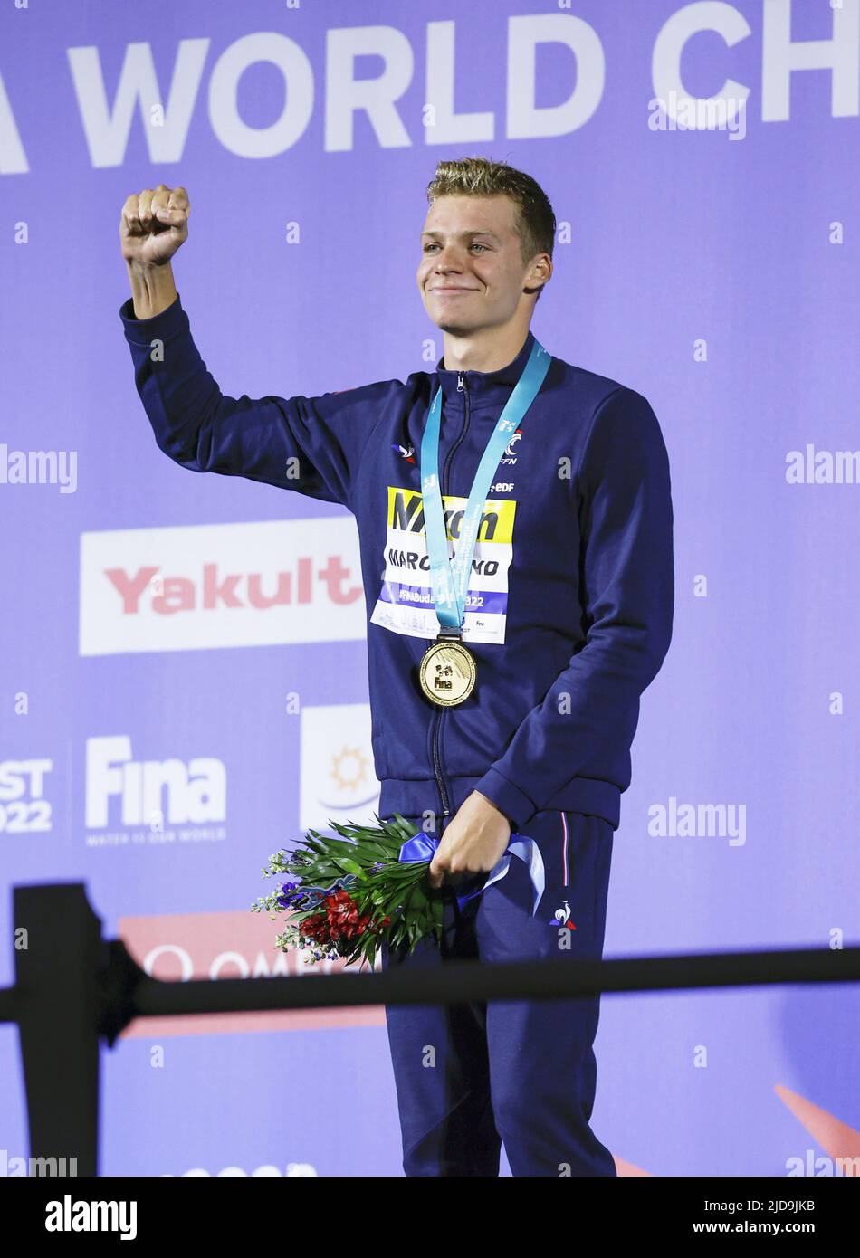 Leon Marchand of France celebrates after winning the men's 400meter