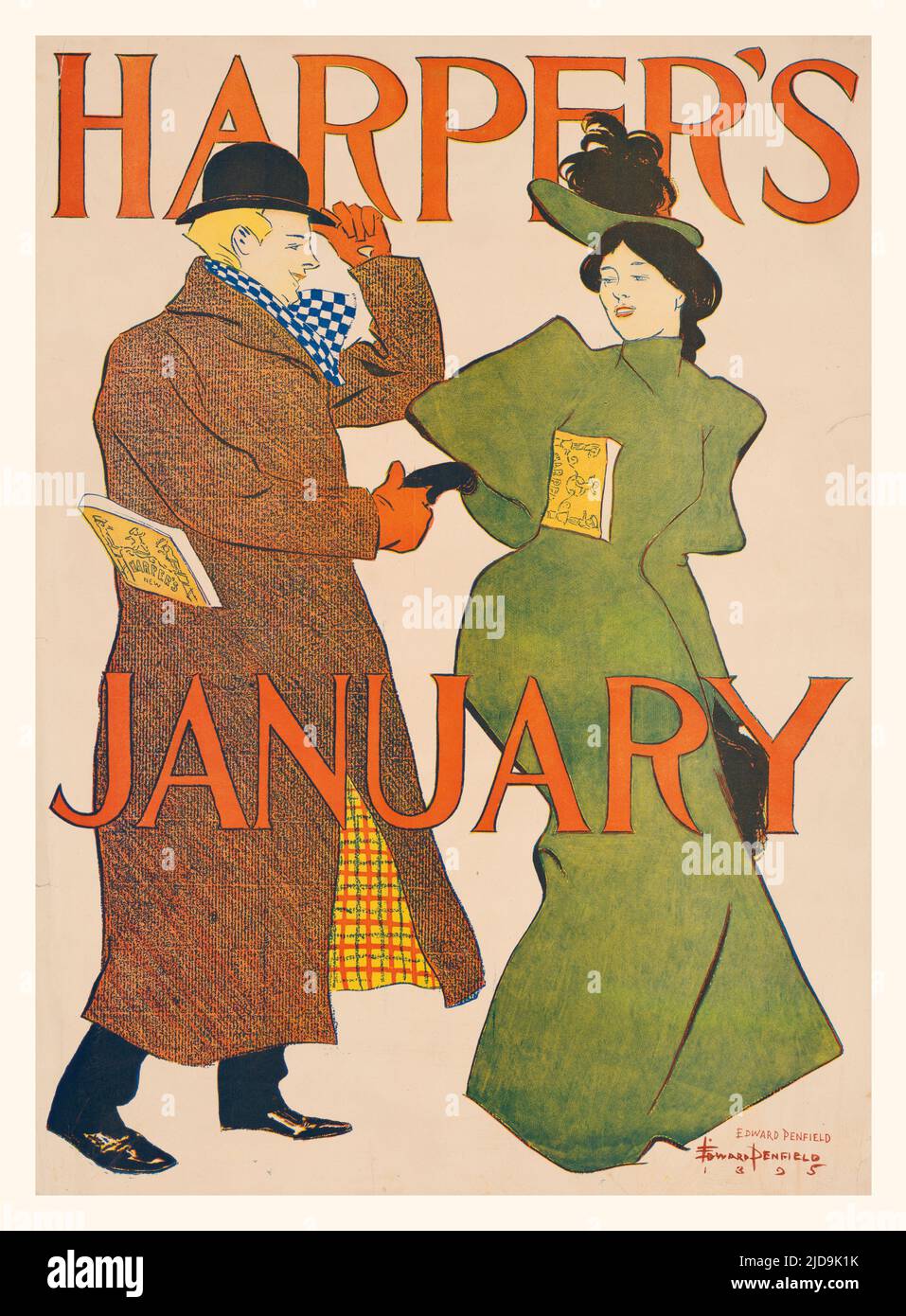 A turn of the 20th century illustration by Edward Penfield (1866-1925) considered by many to be the father of the American poster. Featuring a couple, the man introducing himself to the young woman. Harper’s Magazine, the oldest general-interest monthly in America. Stock Photo