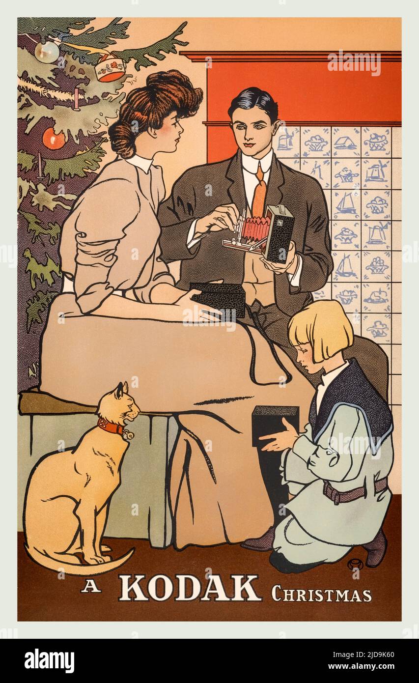 A turn of the 20th century illustration by Edward Penfield (1866-1925) considered by many to be the father of the American poster. Featuring a young family exchanging Christmas gifts of cameras from an advertisement by Kodak Stock Photo