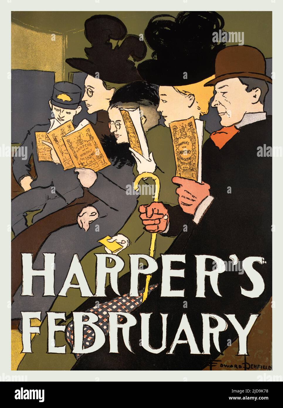 A turn of the 20th century illustration by Edward Penfield (1866-1925) considered by many to be the father of the American poster. Featuring a train carriage of people all reading Harper’s Magazine, the oldest general-interest monthly in America. Stock Photo