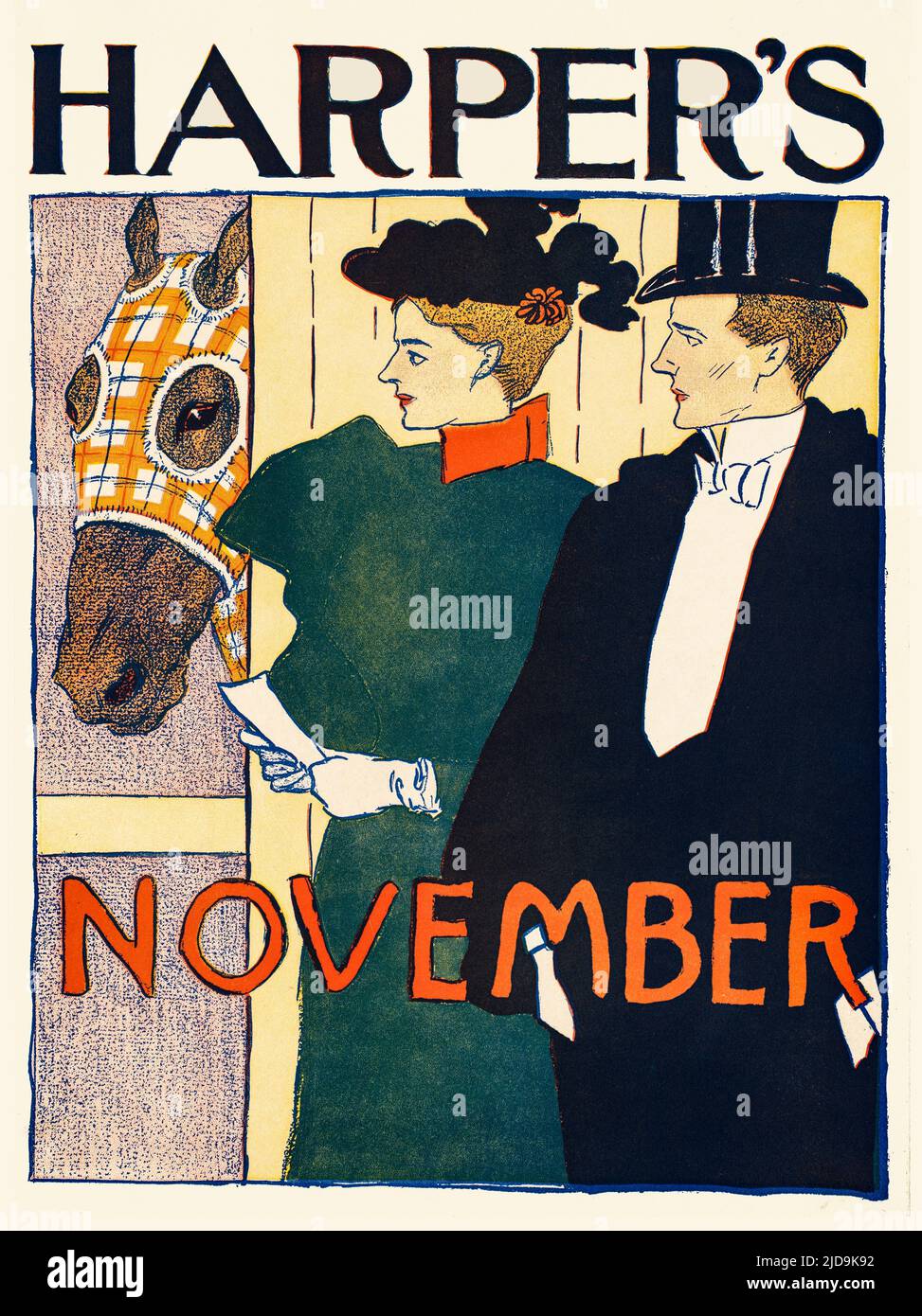 A turn of the 20th century illustration by Edward Penfield (1866-1925) considered by many to be the father of the American poster. Featuring an affluent couple with their stabled race horse. Harper’s Magazine, the oldest general-interest monthly in America. Stock Photo