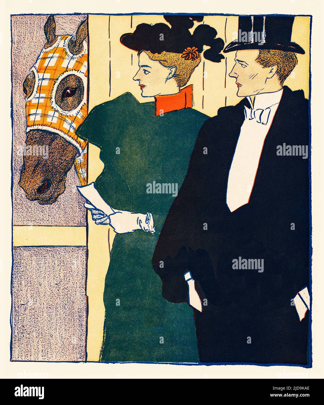 A detail from a turn of the 20th century illustration by Edward Penfield (1866-1925) considered by many to be the father of the American poster. Featuring an affluent couple with their stabled race horse. Originally a cover to Harper’s Magazine, the oldest general-interest monthly in America. Stock Photo
