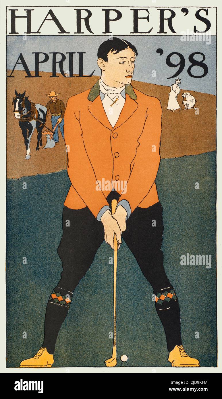 A detail from a turn of the 20th century illustration by Edward Penfield (1866-1925) considered by many to be the father of the American poster. Featuring a young golfer about to tee-off, with a man and a horsedrawn plough in the background.  Originally a cover to Harper’s Magazine, the oldest general-interest monthly in America. Stock Photo