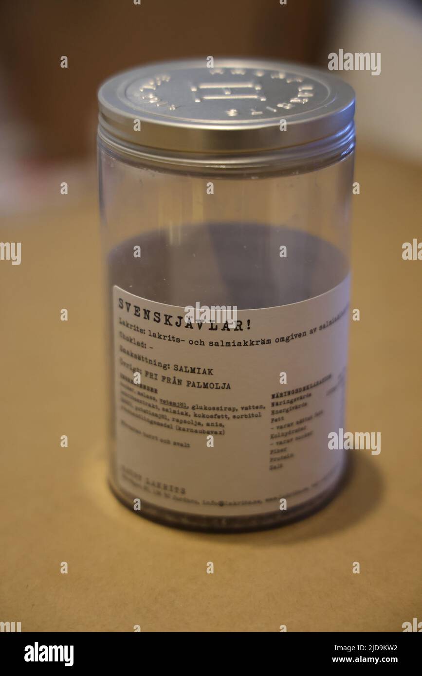 Container / pot of saltiest licorice in the world from Sweden; SVENSKJÄVLAR! (Swedish bastards) Stock Photo