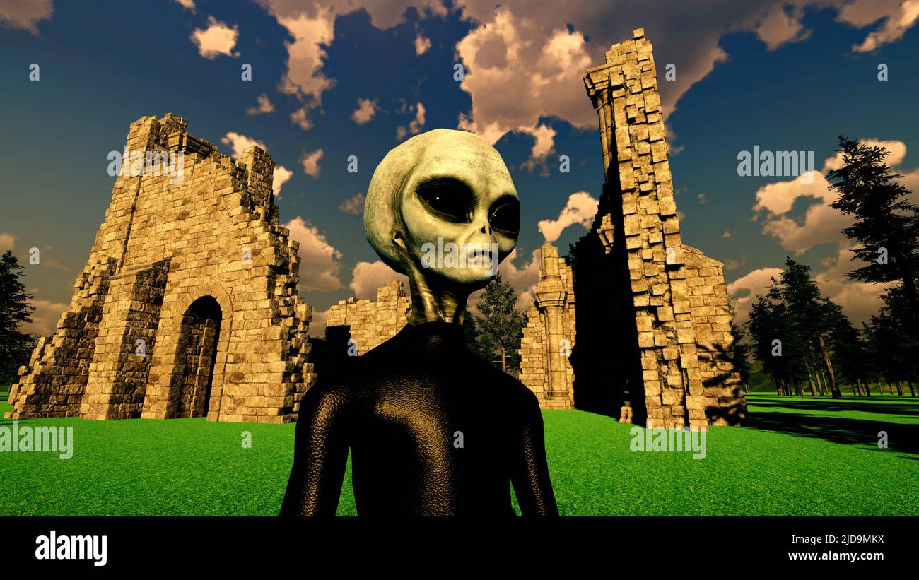 Grey Alien in Forest with Ruins in Backgroud. Extremely detailed and ...