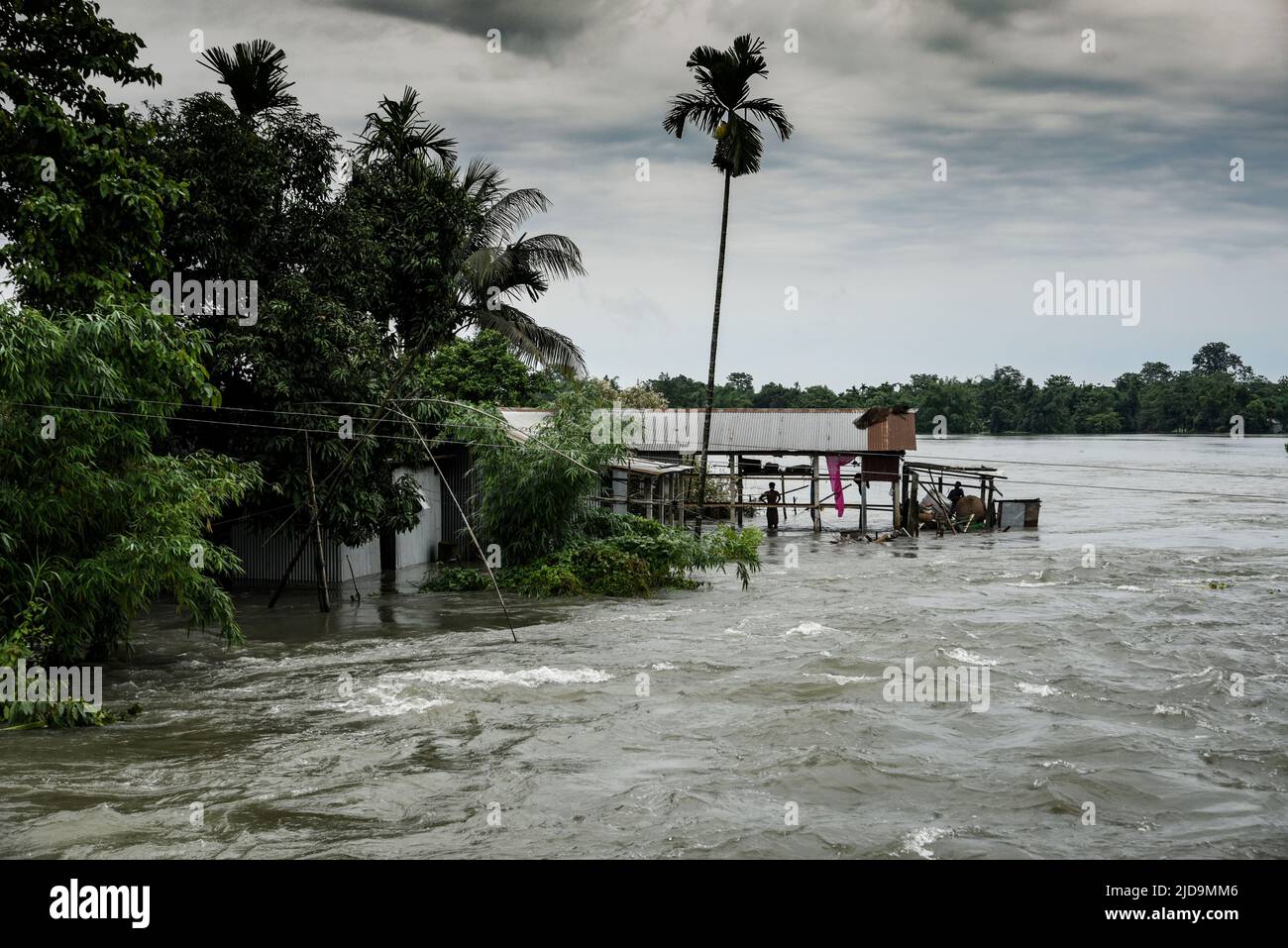 A damaged house due to flooding after heavy rainfall, at a village on June 17, 2022 in Barpeta, India. Assam flood situation deteriorates due to heavy rain, over a million people affected. Stock Photo