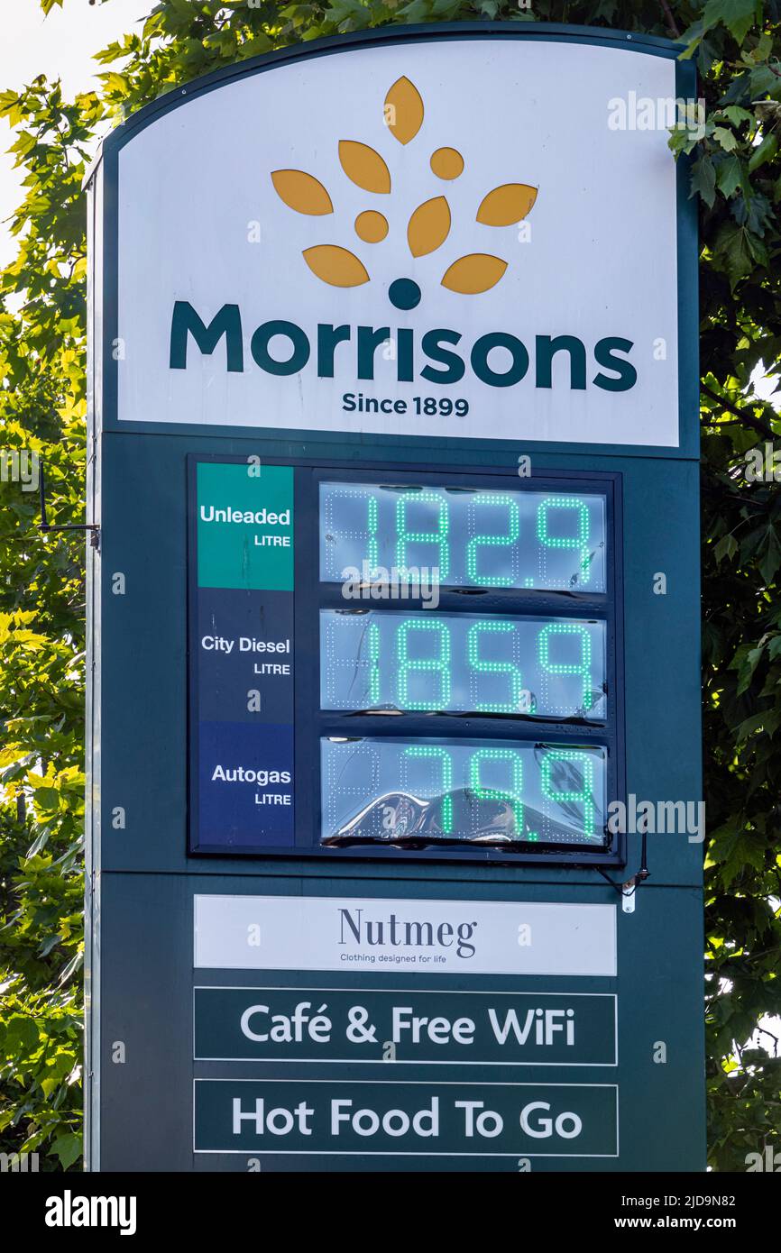 Morrisons petrol and deisel prices displayed Stock Photo