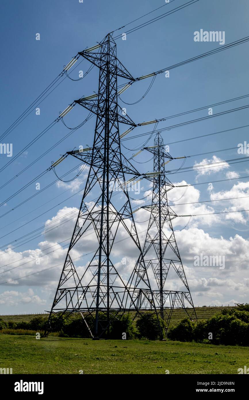 Double electric pylons in a field Stock Photo