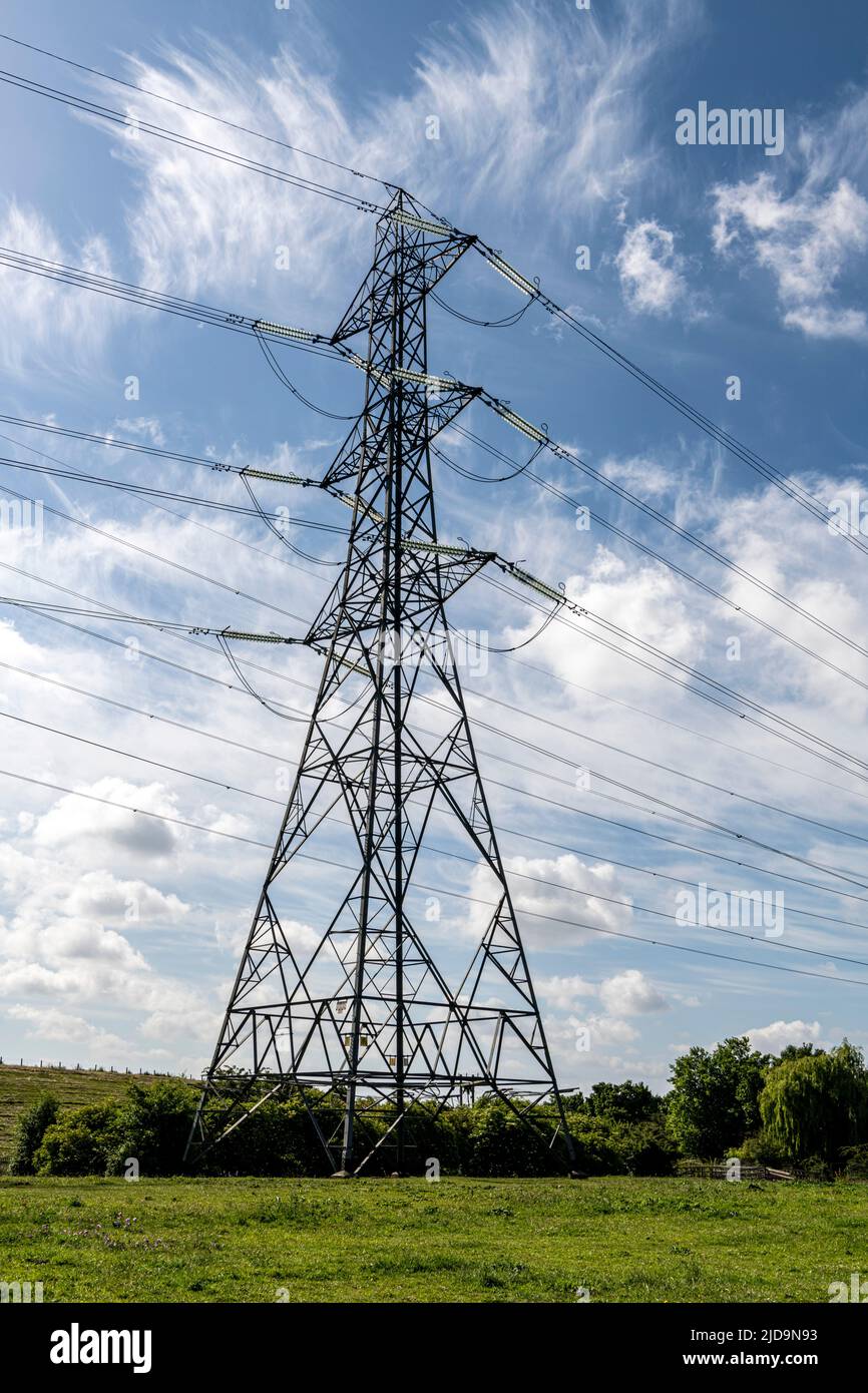 Single electric pylon in a field Stock Photo