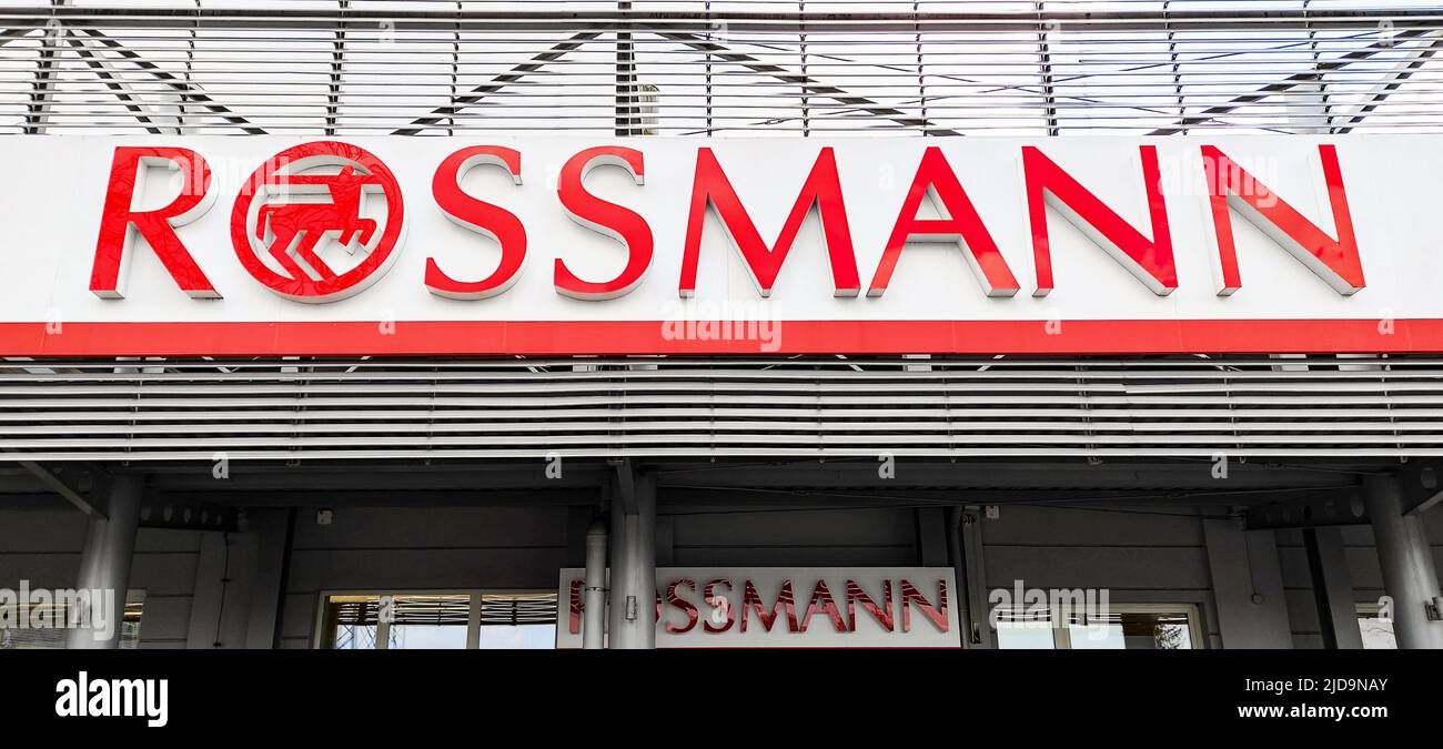 Entrance of a Rossmann Store. The Rossmann GmbH commonly known as Rossmann  Drogeria Parfumeria Cosmetic Shop is the second largest drugstore chain bas  Stock Photo - Alamy