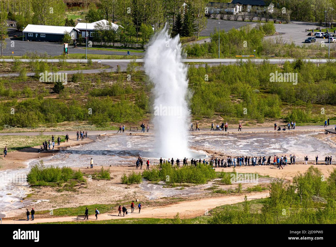 Aerial view of an eruption of Strokkur geyser in Iceland Stock Photo