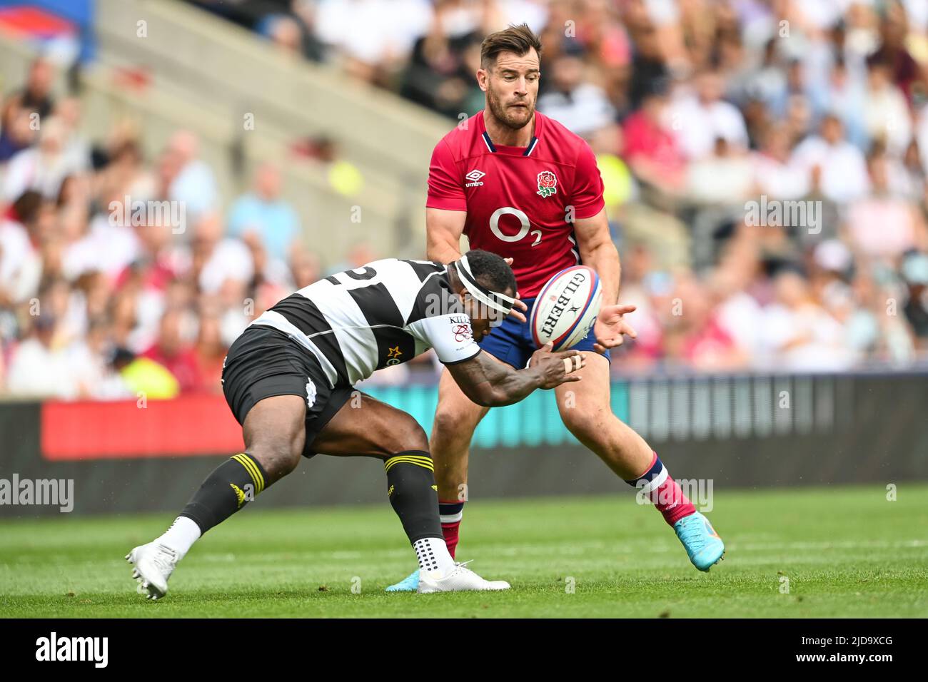 Mark Atkinson of England is tackled by Levani Botia of Barbarians in, on 6/19/2022. (Photo by Craig Thomas/News Images/Sipa USA) Credit: Sipa USA/Alamy Live News Stock Photo
