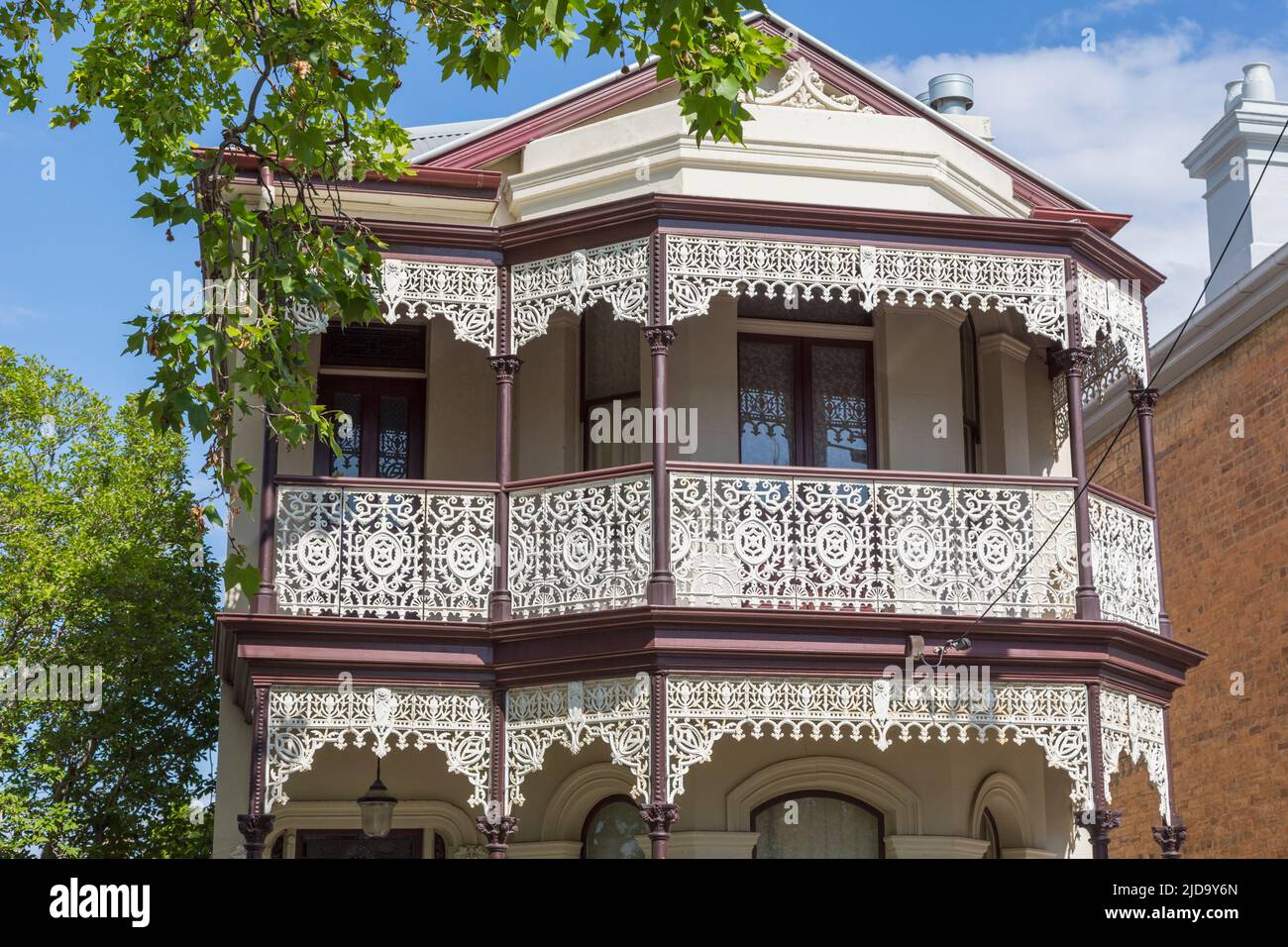 Wrought iron work on balcony of house in Flemington, Melbourne, Victoria, Australia. Stock Photo