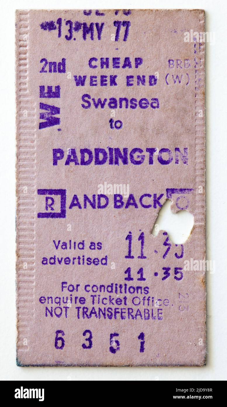 1970s British Rail Train Ticket Swansea to London Paddington Stock Photo