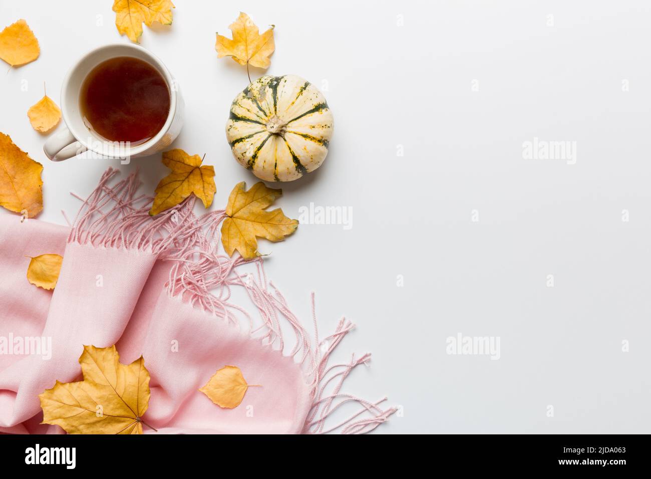 Flat lay composition with colorful Autumn cup of coffee and leaves on a ...