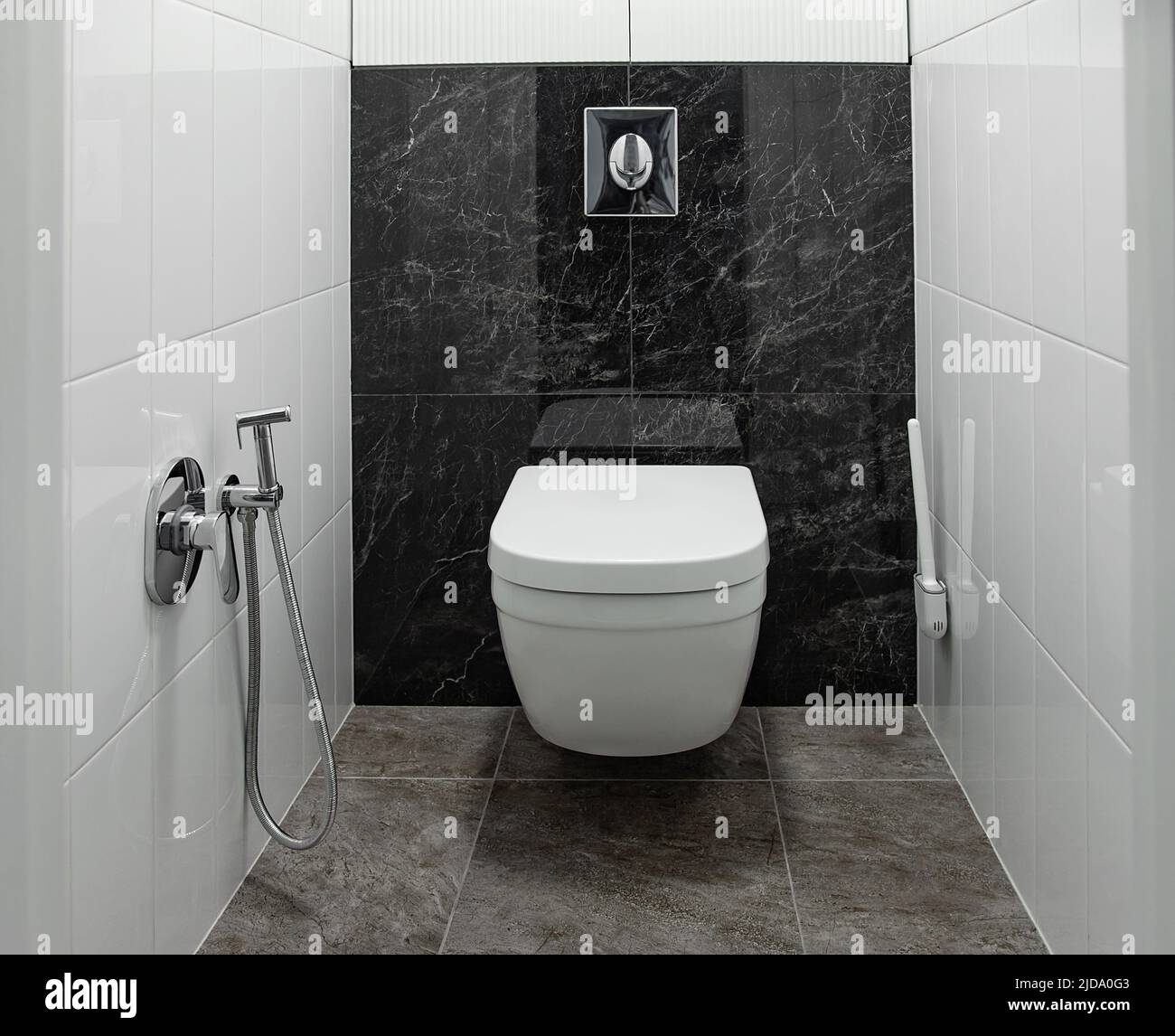 Toilet room interior loft style design in white and black color Stock Photo