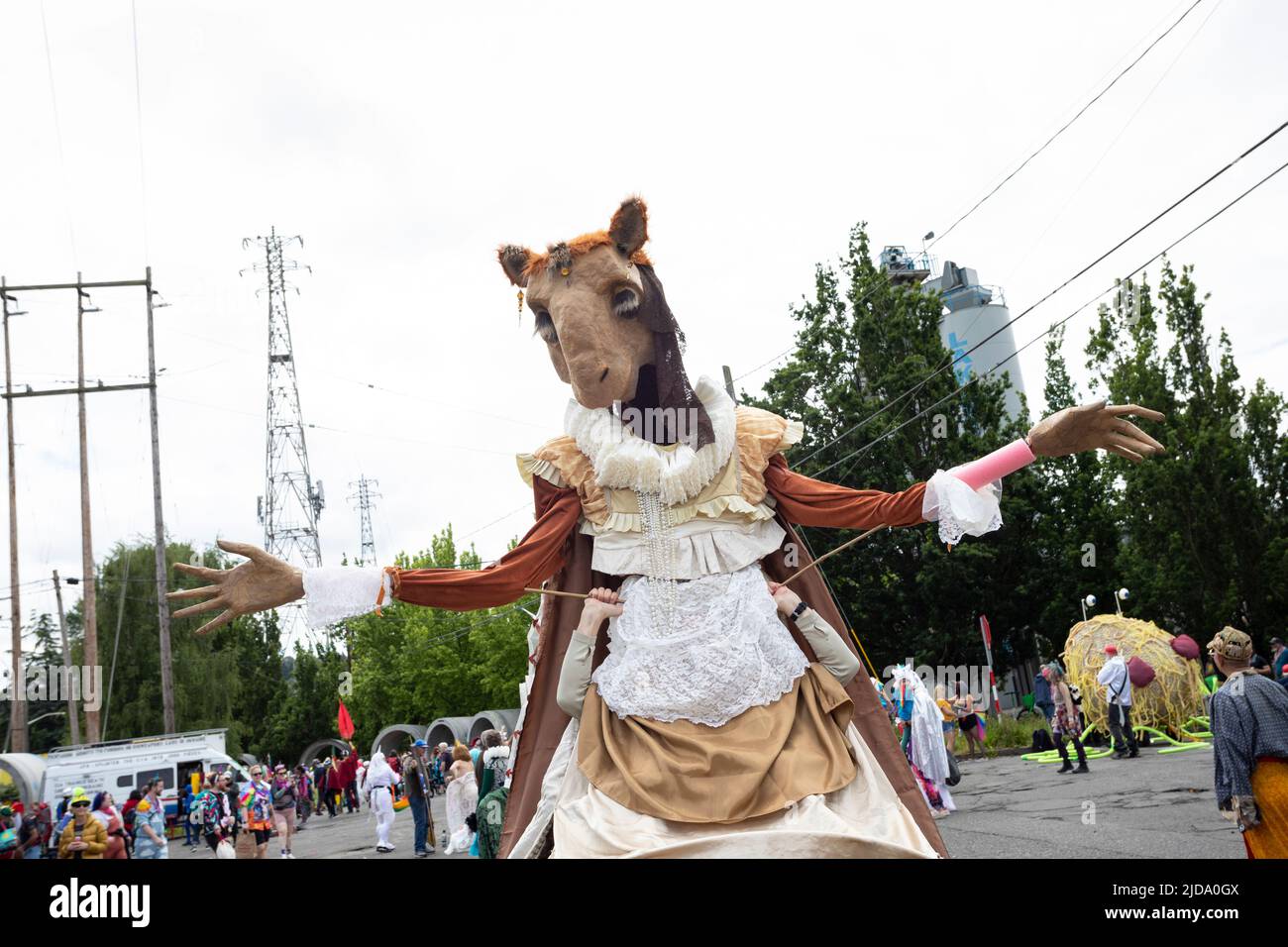 Members of the Elizabeastian ensemble prepare for the Fremont Solstice Parade in Seattle on Saturday, June 18, 2022. The iconic, annual parade returne Stock Photo