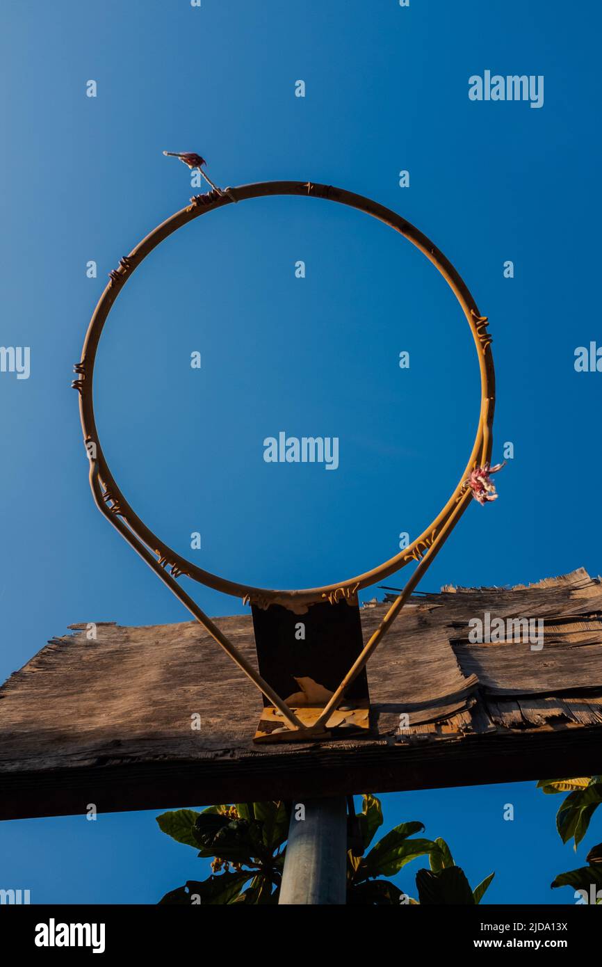 Handmade basketball hoop without net.Photographed in low