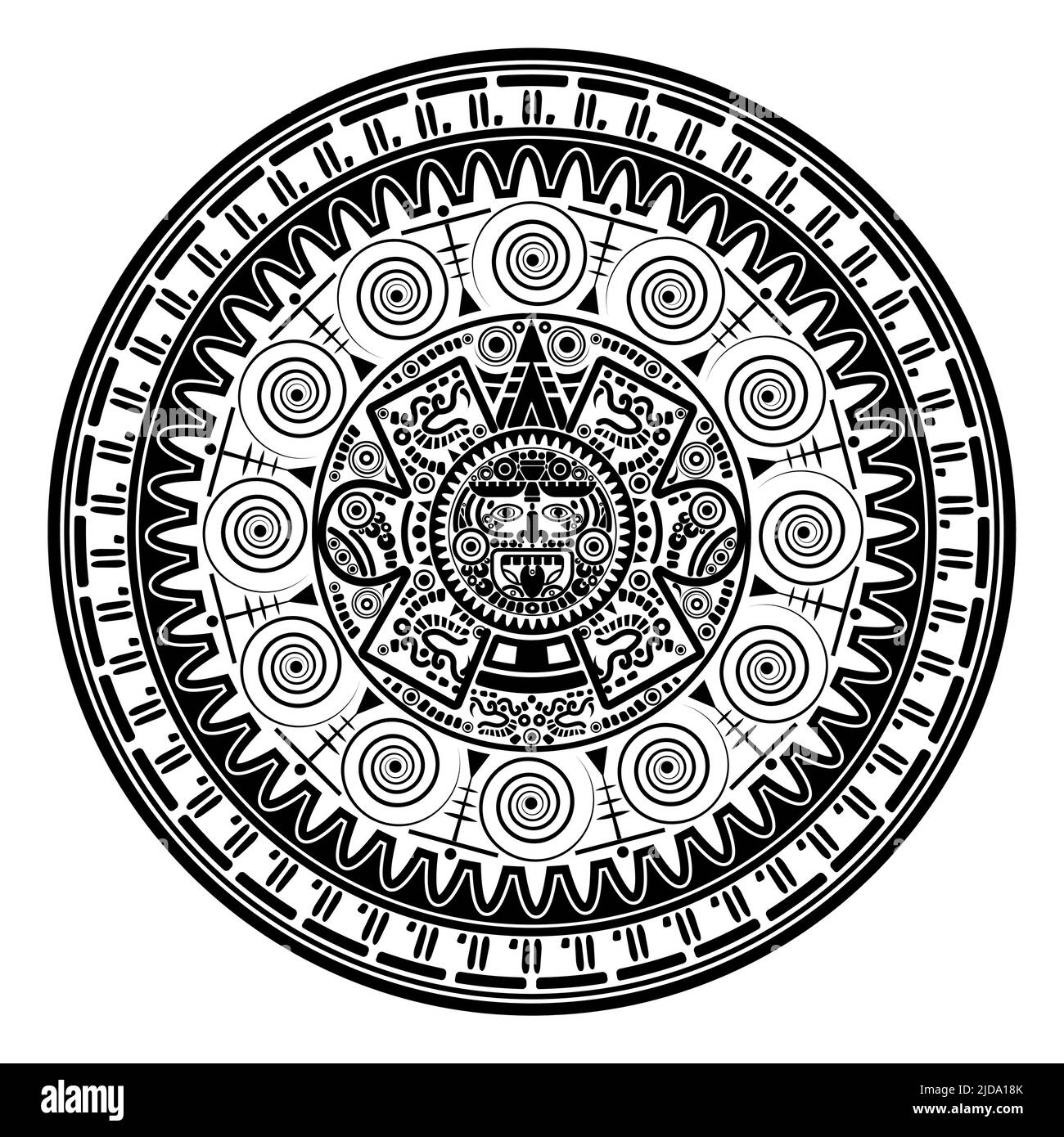 Sacred Aztec wheel calendar Mayan sun god, Maya symbols ethnic mask, black tattoo round frame border old logo icon vector illustration isolated Stock Vector