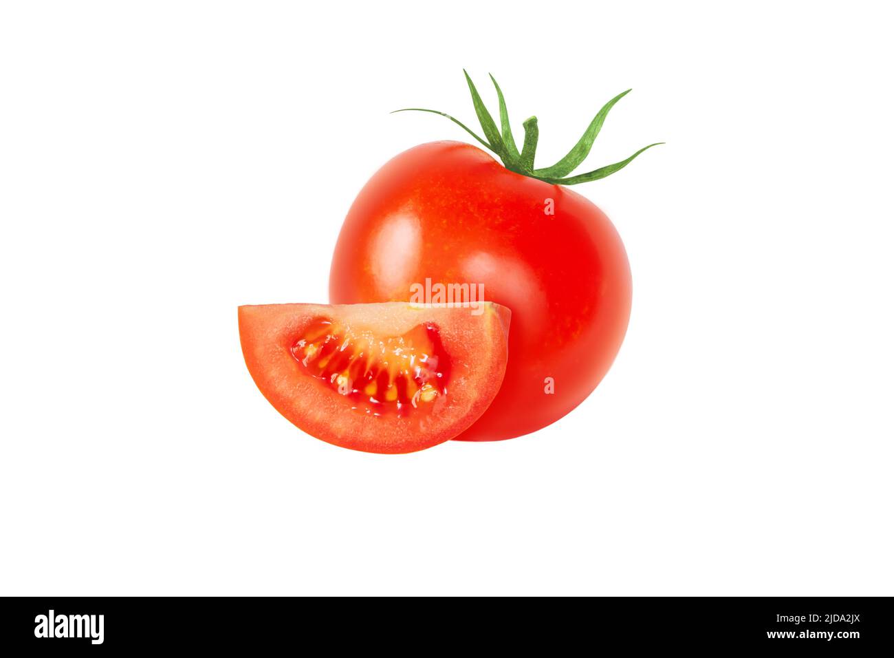 Tomato red whole vegetable and slice isolated on white background. Solanum lycopersicum ripe fruit. Stock Photo
