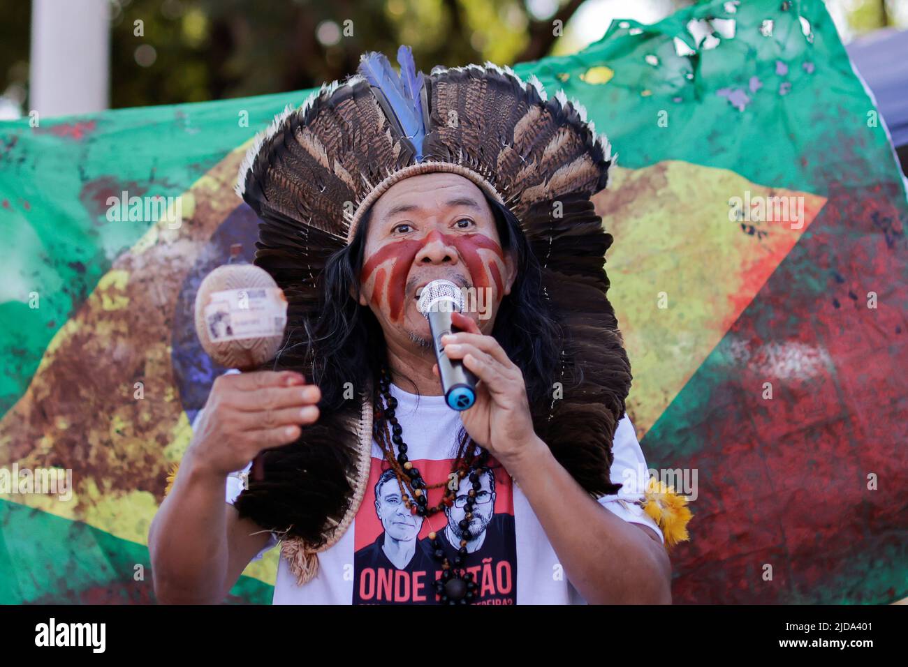 Kamuu Dan Wapichana, from the Wapichana tribe speaks during a protest, to demand justice for journalist Dom Phillips and indigenous expert Bruno Pereira, who were murdered in the Amazon, in Brasilia, Brazil June 19, 2022. REUTERS/Ueslei Marcelino Stock Photo