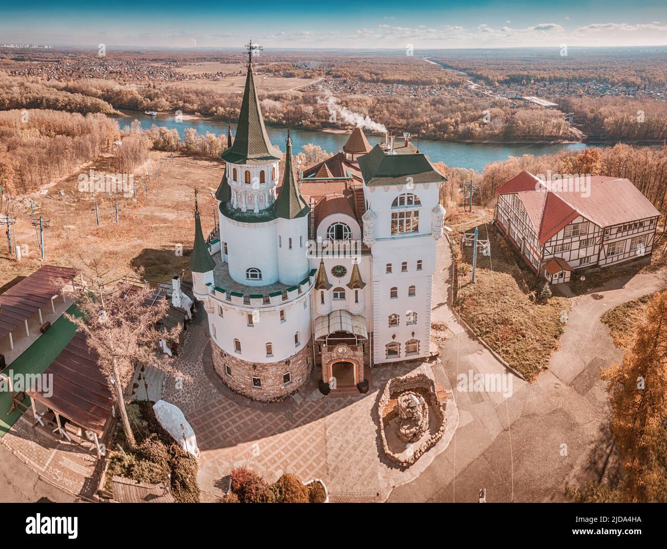 7 October 2021, Ufa, Russia: Aerial view of building in form of ancient ...
