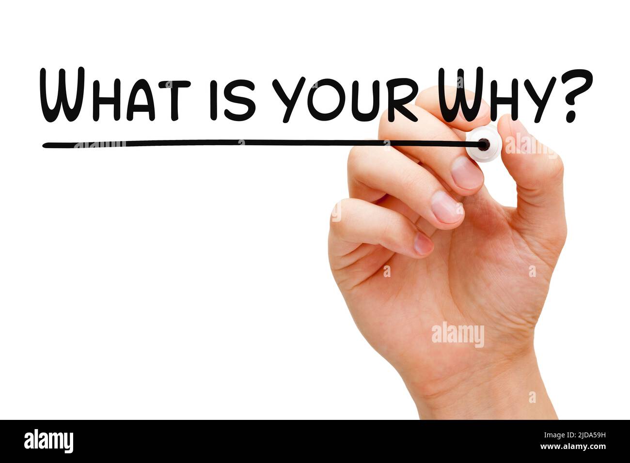 Hand writing existential question What Is Your Why with black marker. Purpose concept. Stock Photo
