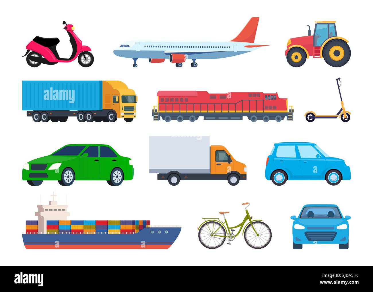 Vehicles, set. Car, bicycle, moped, electric scooter, truck, tractor ship train plane Vector illustration in flat style Stock Vector