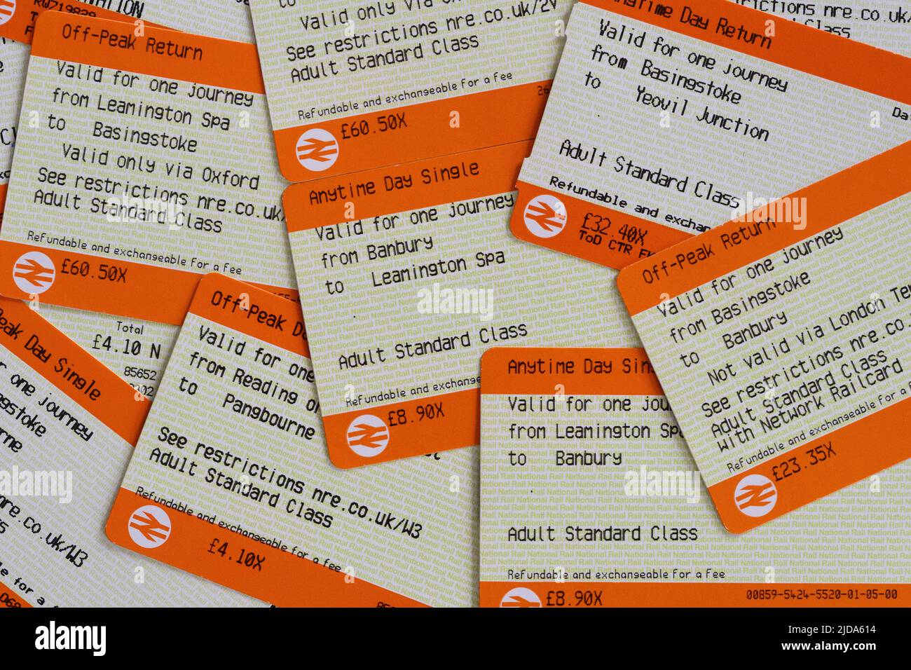 Closeup on UK Adult Standard Class Rail tickets. Theme - railway fare increases, rail ticket offices, English train tickets, travel price increases Stock Photo