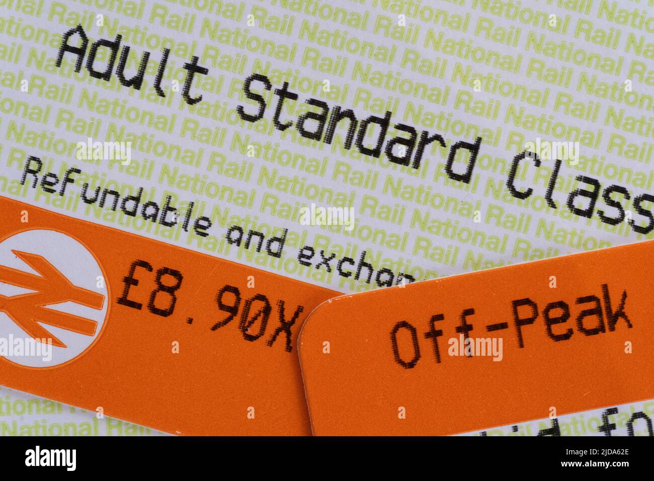 Closeup on UK Adult Standard Class Rail tickets. Theme - railway fare increases, rail ticket offices, English train tickets, travel price increases Stock Photo