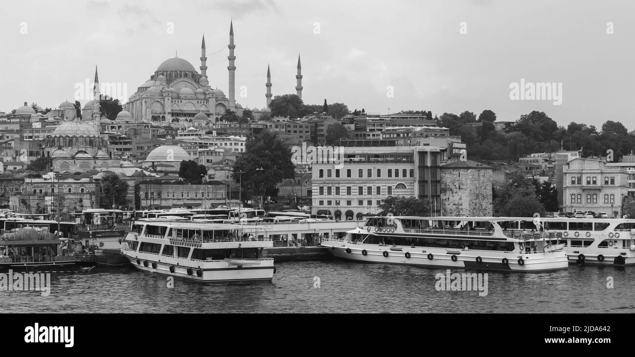 Istanbul panoramic black and white photo. Golden Horn coastal view, Suleymaniye Mosque is on a background Stock Photo
