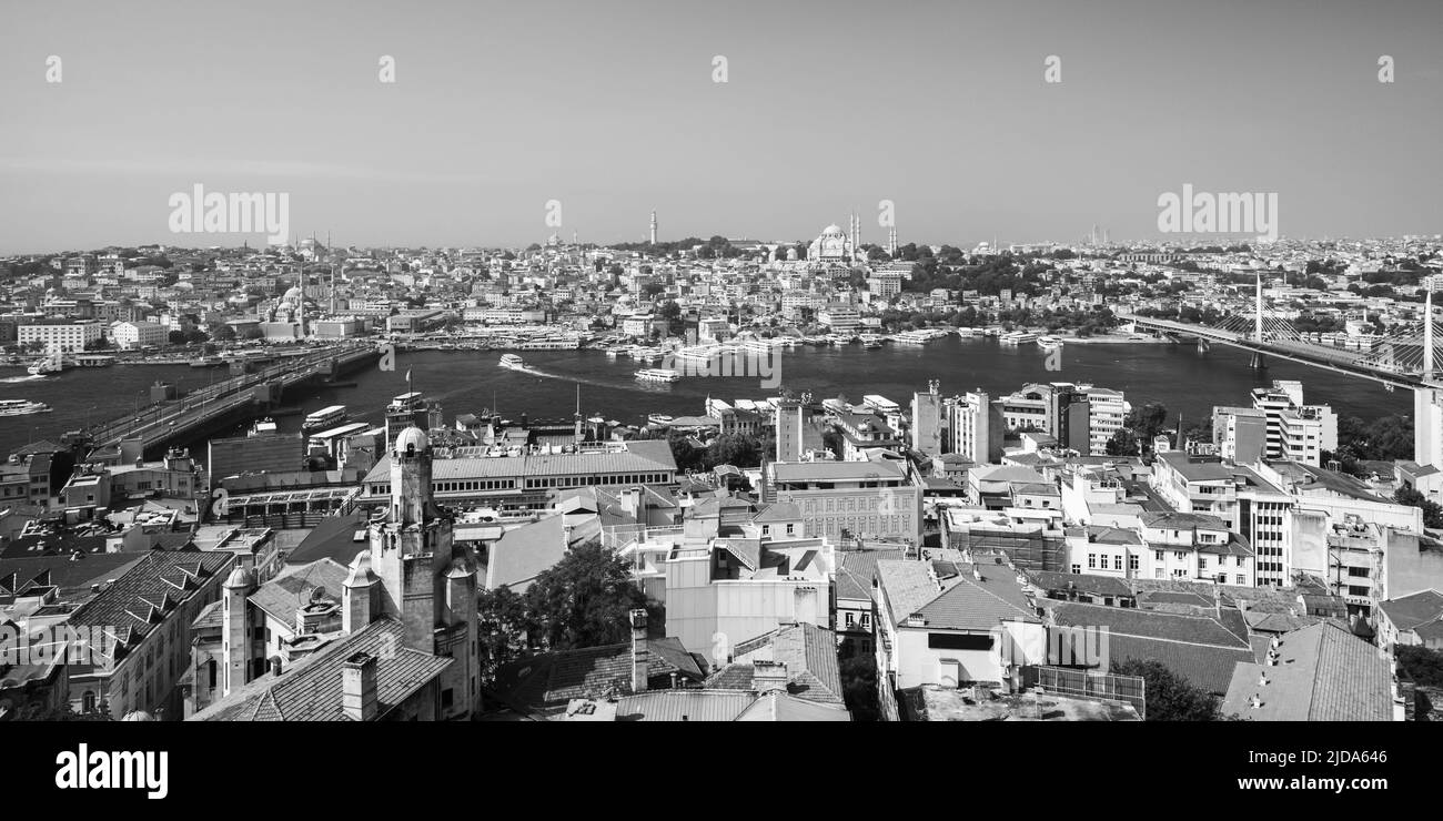Istanbul, Turkey. Panoramic black and white cityscape with Golden Horn, the primary inlet of the Bosphorus Stock Photo