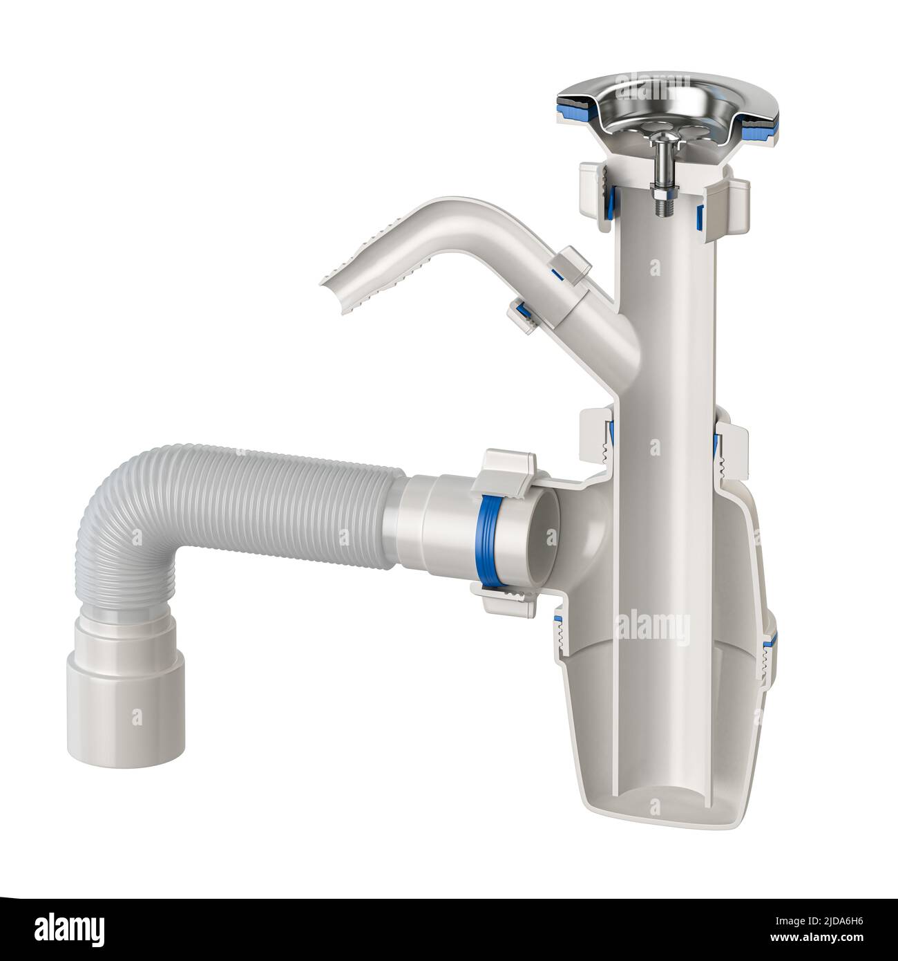 Cross section of siphon with bottle trap and pvc plastic pipes for sinks isolated on white. 3d illustration Stock Photo