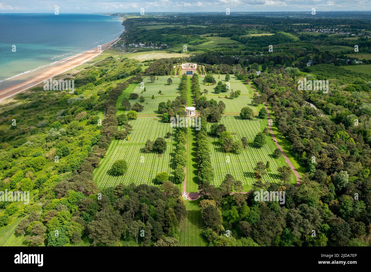 Aerial view of the Normandy American Cemetery and Omaha Beach, Colleville-sur-Mer, Calvados, Normandy, France. Stock Photo