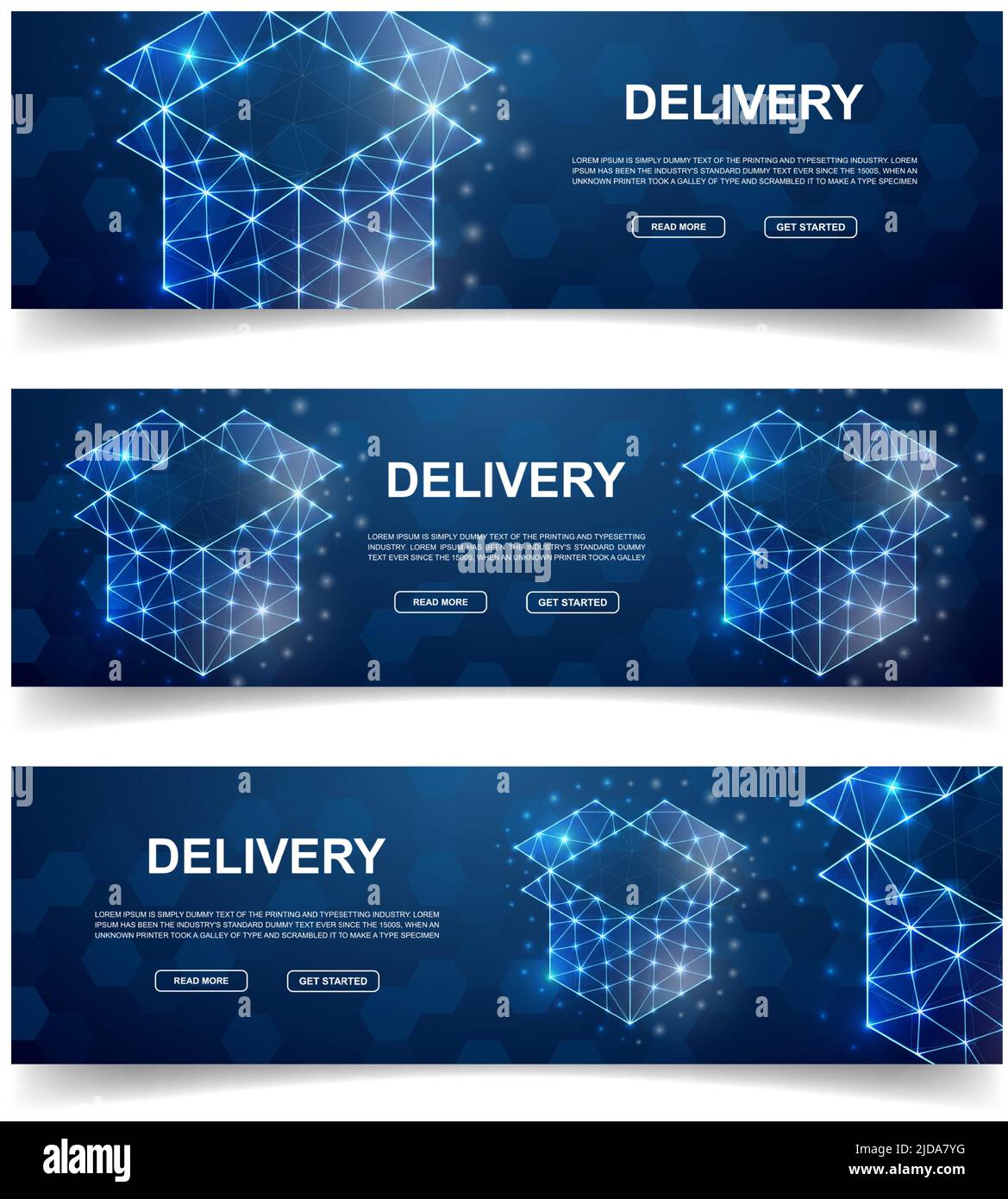 Set of three Open box horizontal banners. Horizontal illustration for  homepage design, promo banner. Delivery low poly symbols with connected  dots Stock Vector Image & Art - Alamy