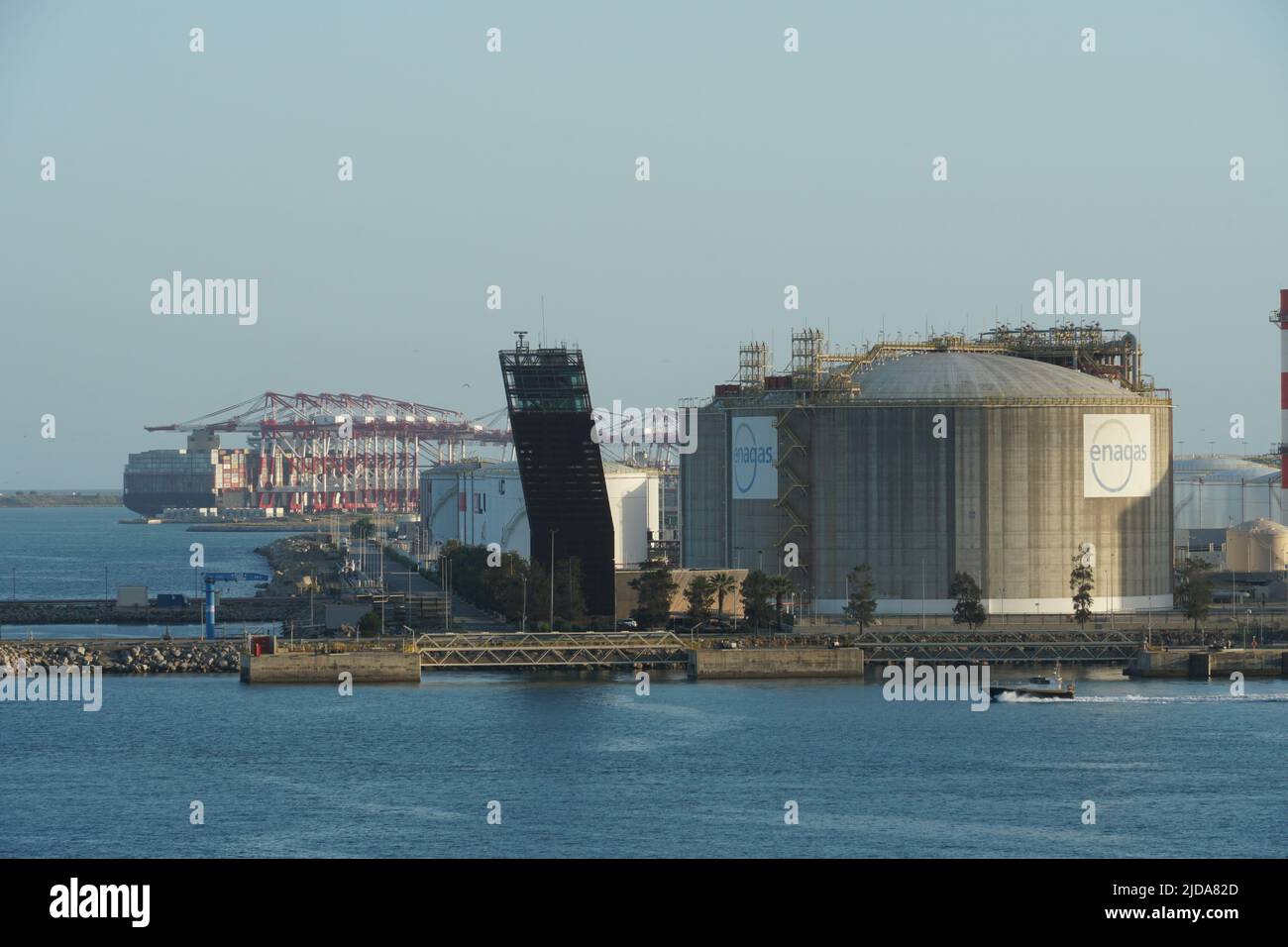View on liquefied natural gas regasification terminal Enagas in Barcelona form container terminal. Stock Photo