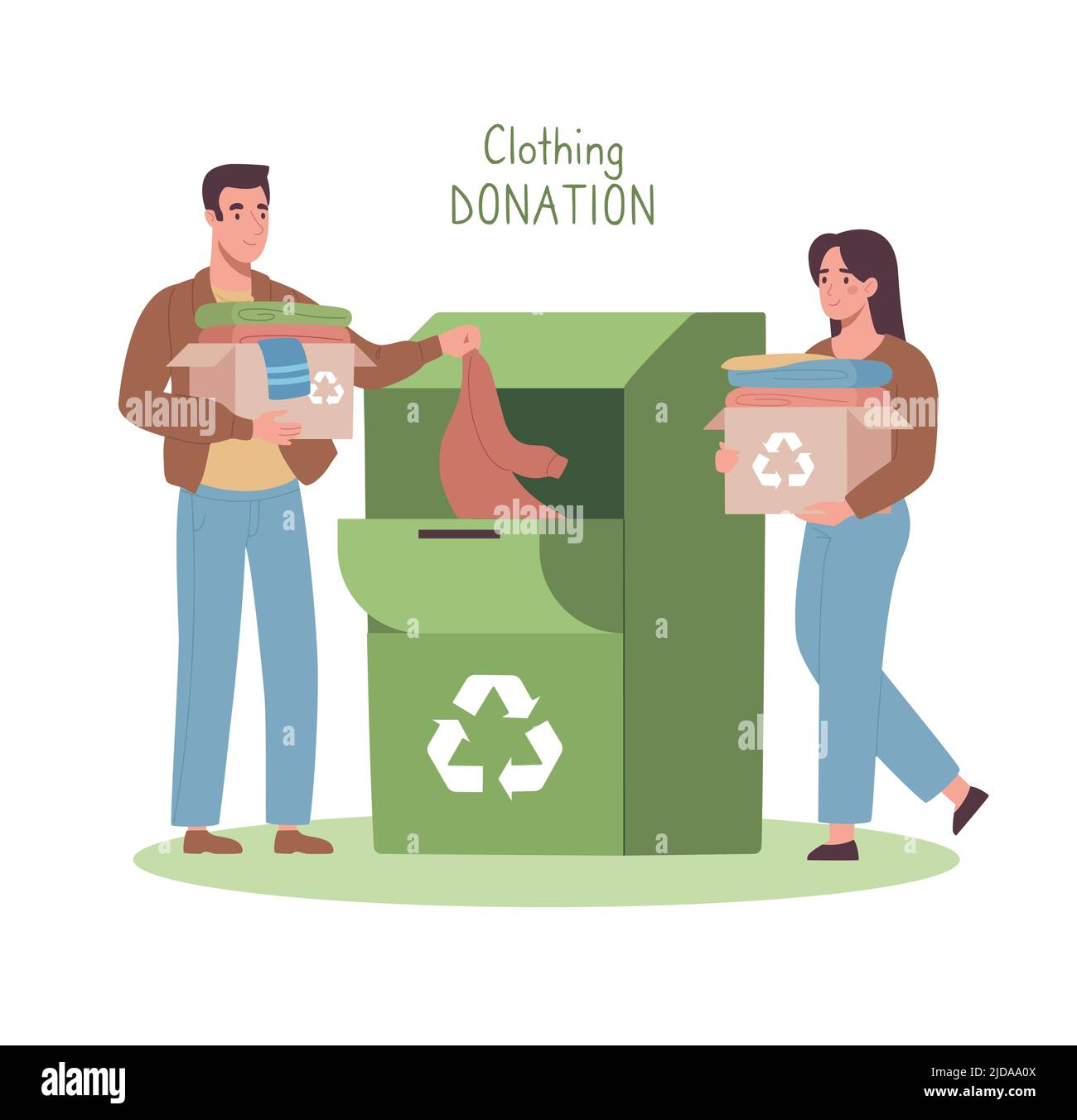 Recycle of used clothes. A man and a woman brought and put their