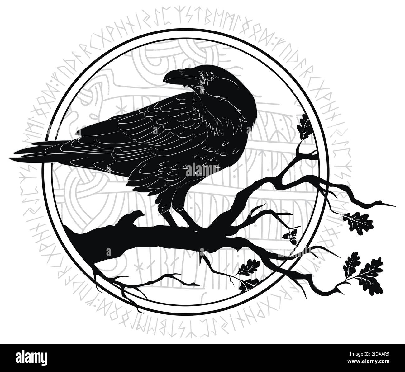 Black crow sitting on a branch of an oak tree, and Scandinavian runes, carved into stone Stock Vector