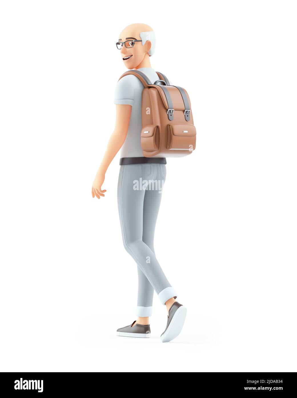 3d senior man walking with backpack, illustration isolated on white ...