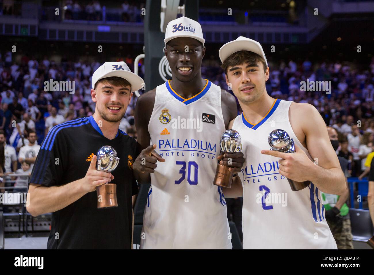 Madrid, Spain. 19th June, 2022. Urban Klavzar (L), Eli John Ndiaye (C) and Juan Núñez (R) during Liga Endesa Playoff 2022 finals game 4 between Real Madrid and FC Barcelona celebrated at Wizink Center in Madrid (Spain), June 19th 2022.Real Madrid won 81 - 74. Real Madrid wins Liga Endesa championship 2021/22. (Photo by Juan Carlos García Mate/Pacific Press) Credit: Pacific Press Media Production Corp./Alamy Live News Stock Photo