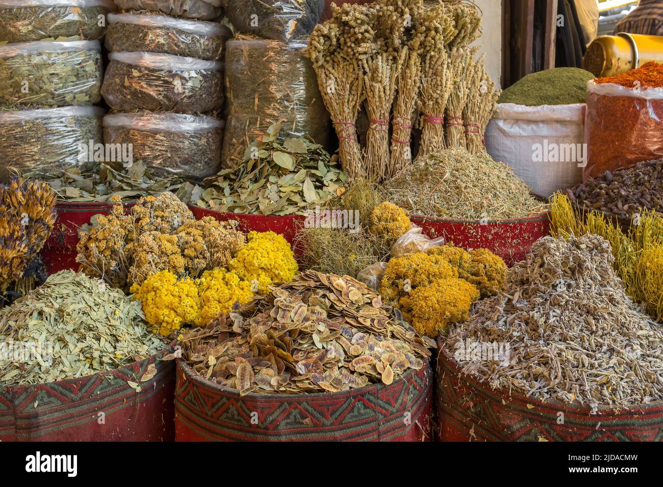 Variety of herbs and spices tea on a traditional Turkish market, Turkey. Stock Photo