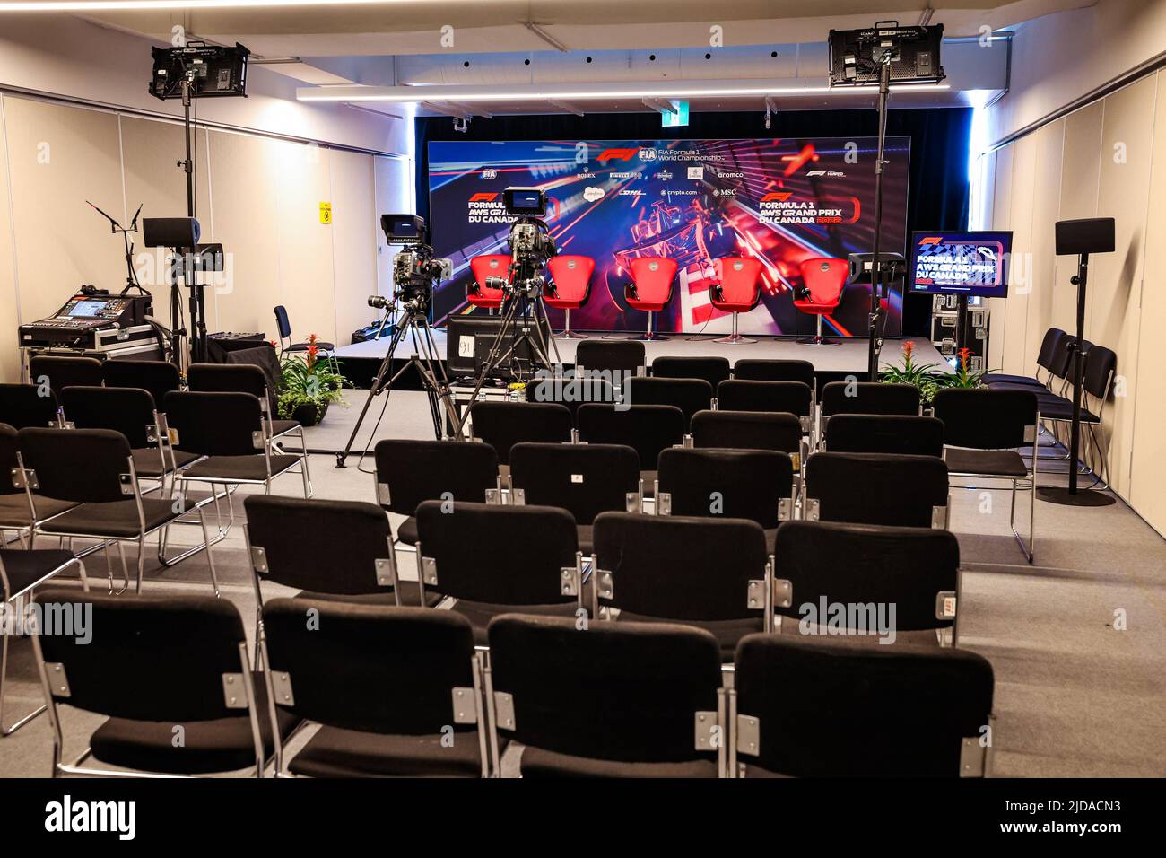 FIA Press Conference room with interview TV cameras during the Formula 1 AWS Grand Prix du Canada 2022, 9th round of the 2022 FIA Formula One World Championship, on the Circuit Gilles
