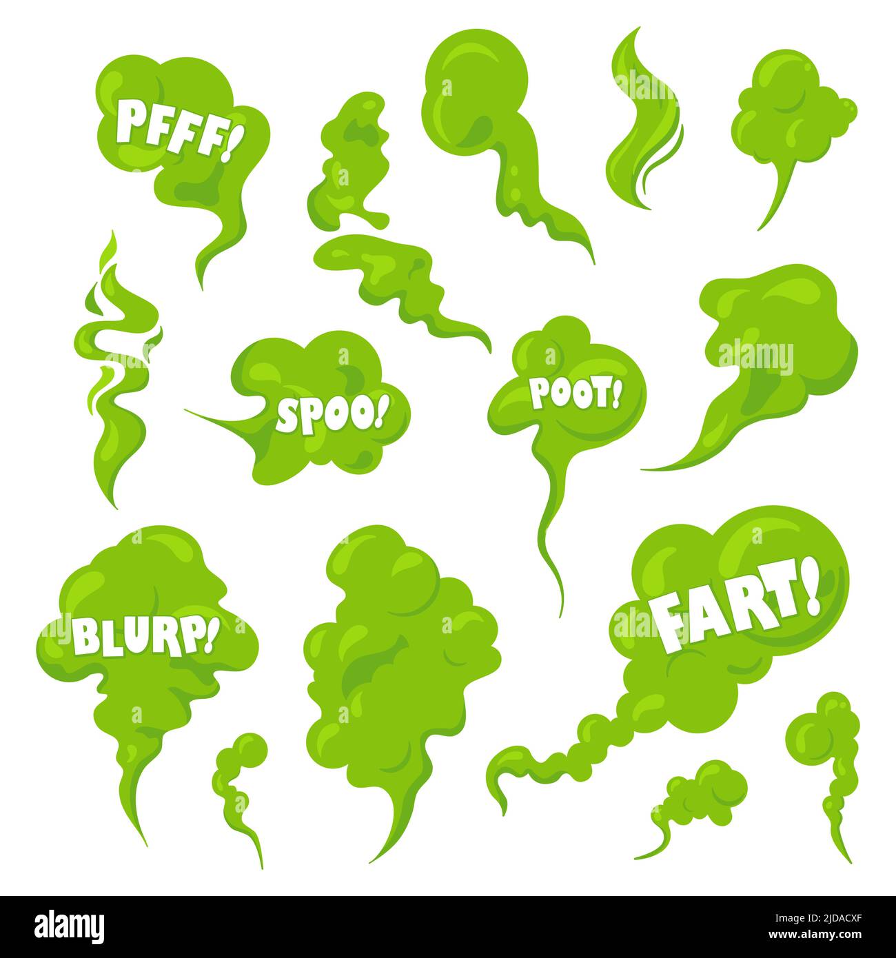 Stinky smelling smoke set. Fart cartoon bad odor cloud. Green stench
