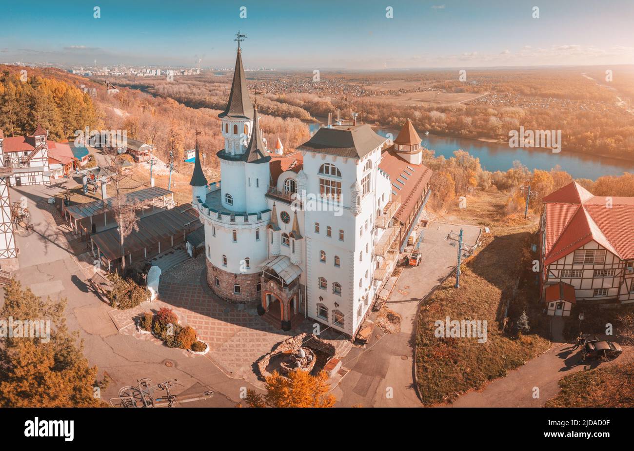 7 October 2021, Ufa, Russia: Aerial view of building in form of ancient ...