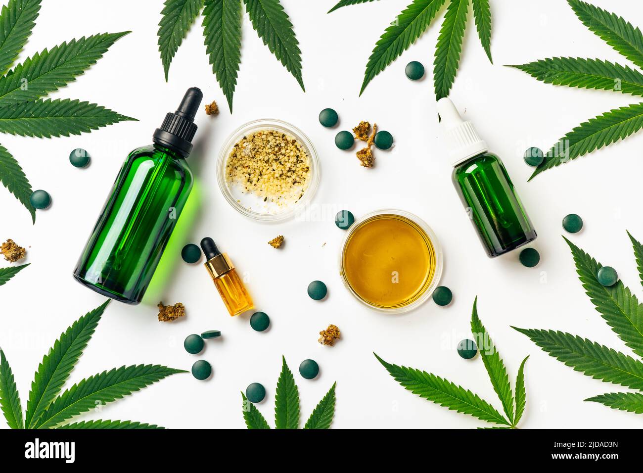 Science, Safety, Research, Technology with Cannabis. Legal, Medical and Recreational Use of Marijuana. Natural cosmetics or superfood, omega fats Stock Photo