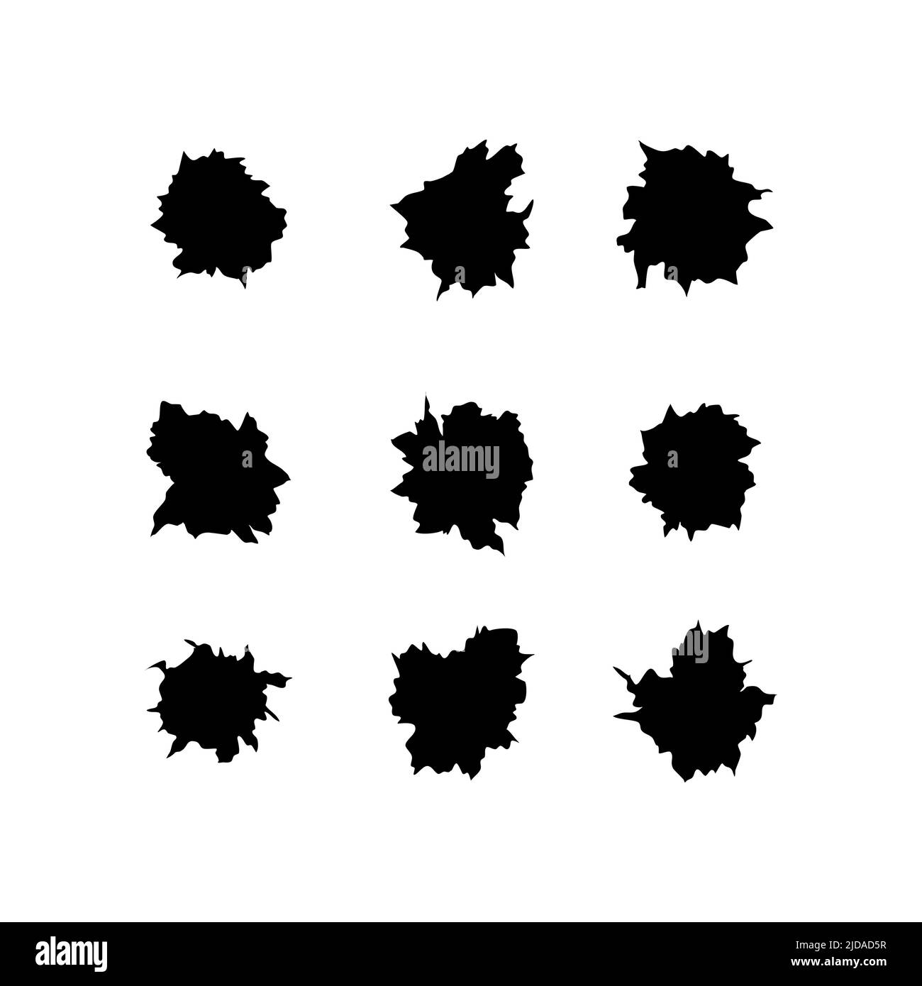 Bullet holes of gun or pistol. Shoot in metal single and double hole. Damage and cracks on surface. Vector isolated on background Stock Vector