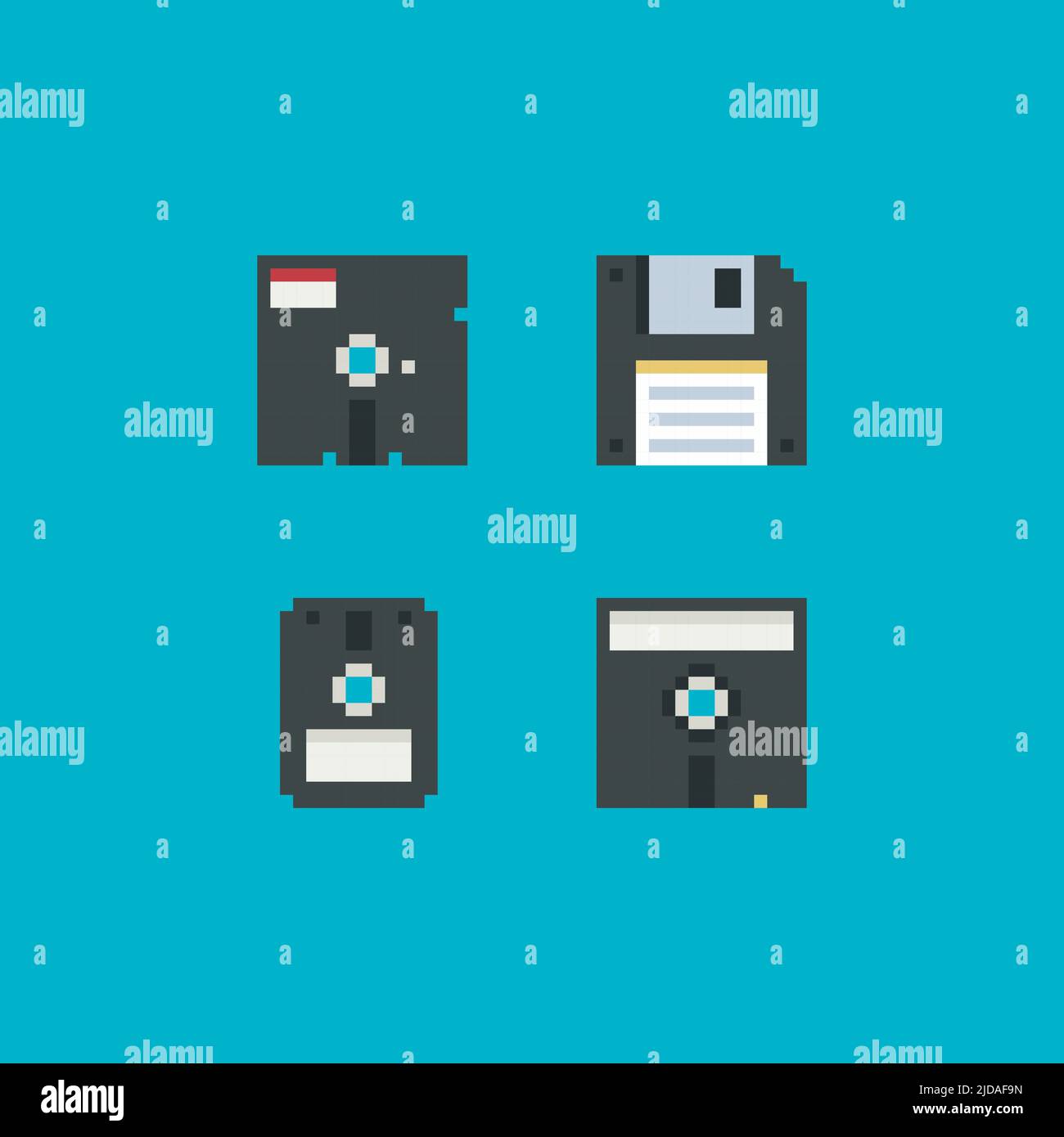 Floppy disk save icon set. Pixel art 8 bit retro. Video game vintage sprite. Isolated vector illustration. Stock Vector